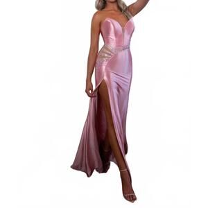 NEW RACHEL ALLAN strapless thigh-high slit prom gown in pink